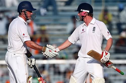 Andrew Strauss and Paul Collingwood congratulate each other for putting on a century-partnership