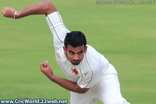 Zaheer Khan steams in from around the wicket