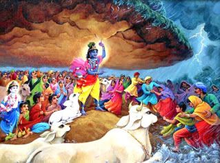 Krishna lifts Govardhan