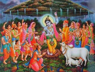 Shri Krishna lifts Govardhana