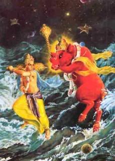 Lord Varaha fights with Hiryanyaksa