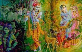 Krishna, the cowherd boys and girls in Vrindavana