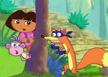 Dora and Boots hide from Swiper the Fox