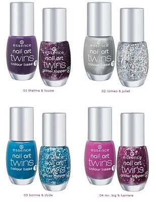 Four combinations of two polishes, one colour and one glitter topper
