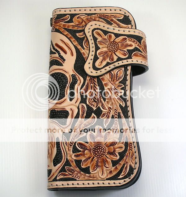 DEMON SKULL TATTOO CARVED GENUINE LEATHER TRIBAL WALLET  